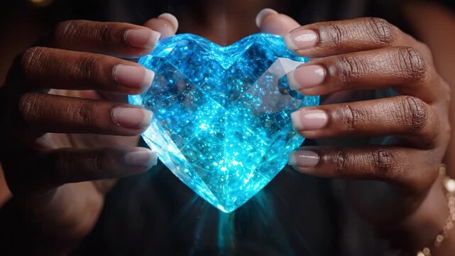 A Captivating Transformation: Hands Gently Holding a Heart-Shaped Gem that Changes Color from Golden Sparkles to Mystical Green Glow