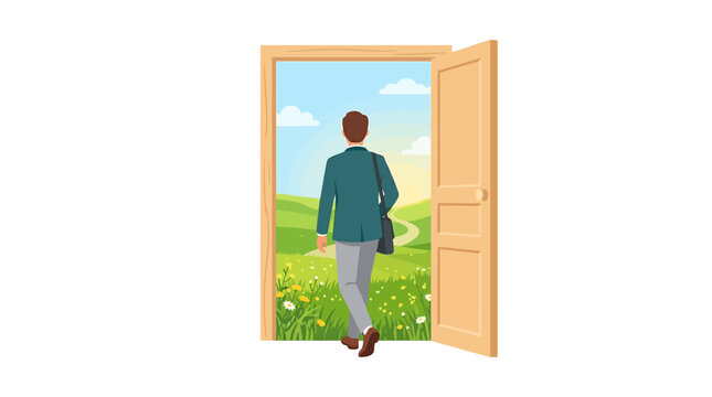 Businessman walking through open door into bright green nature landscape for new career opportunities flat vector illustration