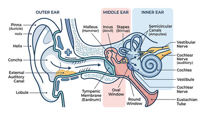 Anatomy of the Human Ear: Outer, Middle, and Inner Ear Diagram © Wajan
