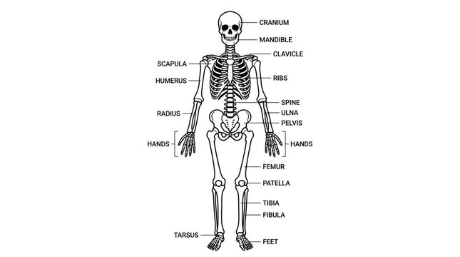 Human Skeleton Anatomy Diagram with Labeled Bones