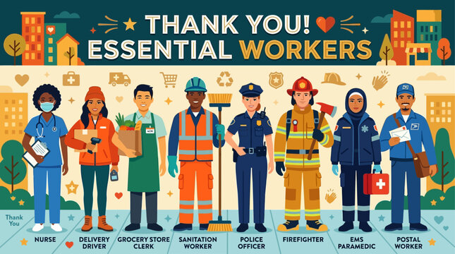 This flat design vector illustration respectfully honors essential workers, showcasing their dedication and importance to society, a fitting tribute for Labor Day. 