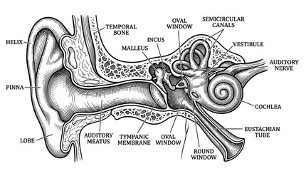Human Ear Anatomy Diagram: Cross-section with Labels © Wajan