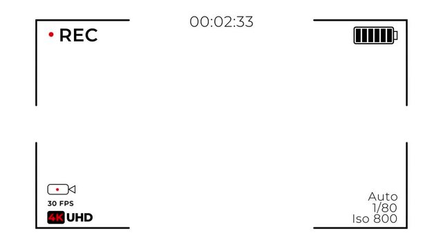 Video camera recorder screen overlay on white background. Animated of DSLR camera frame viewfinder. Camera recording icon form 0 to 1 minute screen in UHD.