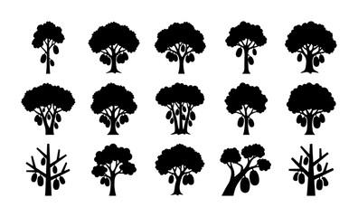 Obraz premium Set of 15 Black Silhouette Cacao Trees with Pods, Tropical Fruit Plantation Icons, Organic Food Farming Vector Graphics
