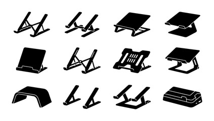 12 Black Laptop Stands, Ergonomic Computer Mounts, Adjustable Tablet Holders, Portable Desk Accessories, Minimalist Vector Icons Set © Imran