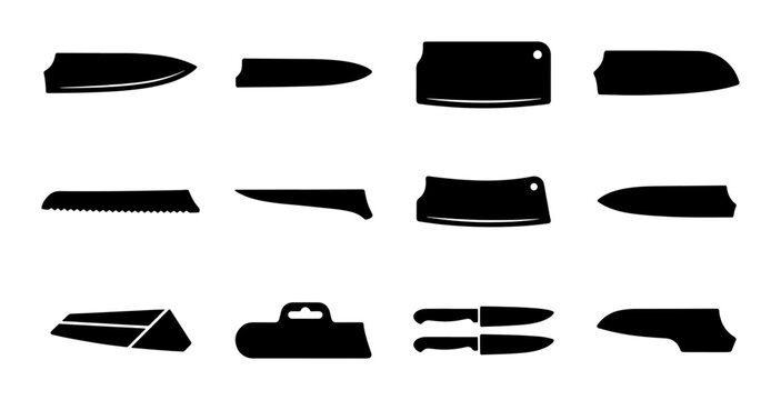 Set of 12 Black Kitchen Knife Blade Silhouettes, Culinary Tools Vector Icons, Chef Utensils Graphic Elements for Food Preparation and Restaurant Design
