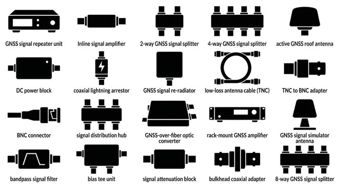 GNSS Signal Distribution and GPS Networking Equipment Vector Icons, Black silhouette vector icons featuring GNSS signal repeaters, amplifiers, splitters, and GPS networking hardware.