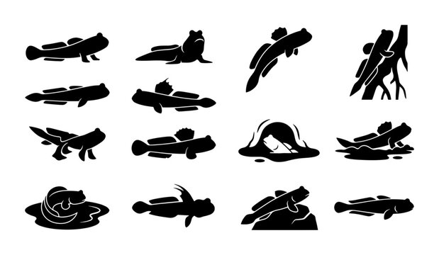 Mudskipper Icon Set, Amphibious Fish Silhouette Collection, Aquatic Creature Vector Graphics, Marine Life Illustrations