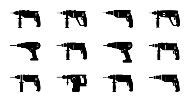 Power Drill Icons Set, Cordless and Hammer Drill Vector Collection, Black Silhouette Tools for Construction and DIY Projects