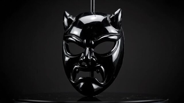 Black Horned Demon Mask Suspended In Darkness