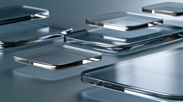 Multiple transparent glass squares arranged with metallic borders