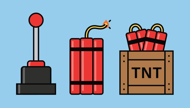 Dangerous TNT dynamite red explosives set featuring wooden detonator box, bundle of sticks, and a plunger handle.