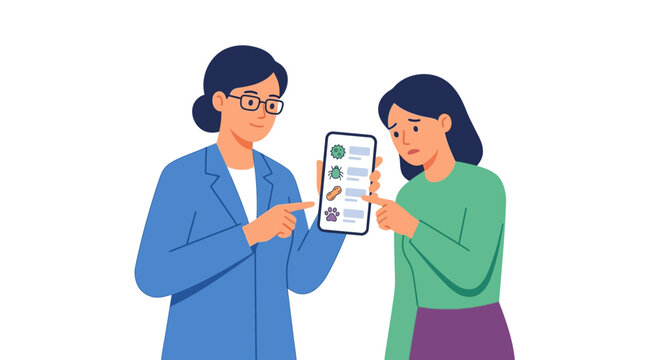Allergy specialist and patient reviewing test results on smartphone screen during medical consultation flat vector illustration
