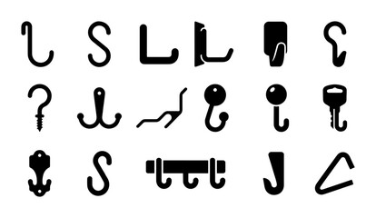 Obraz premium Collection of 15 Black Vector Icons: Hooks, Hangers, and Key Holders for Organization and Storage Solutions