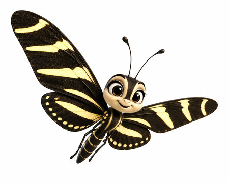 Cute 3D Cartoon Zebra Swallowtail Butterfly Character with Big Eyes, Flying Pose, Isolated on White Background