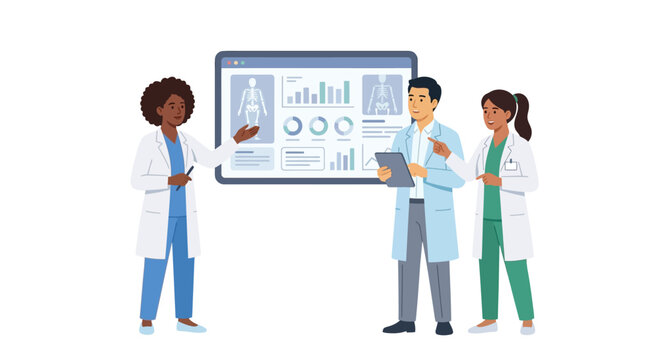 Diverse multicultural doctors analyzing patient data on digital dashboard for consultation flat design vector illustration.