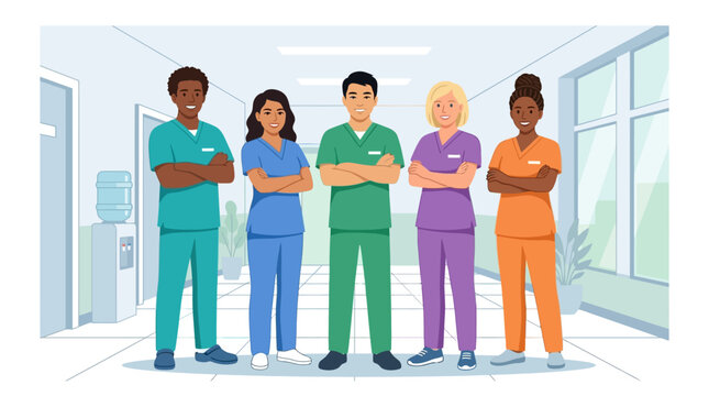 Diverse multicultural healthcare professional team standing in hospital clinic flat design illustration