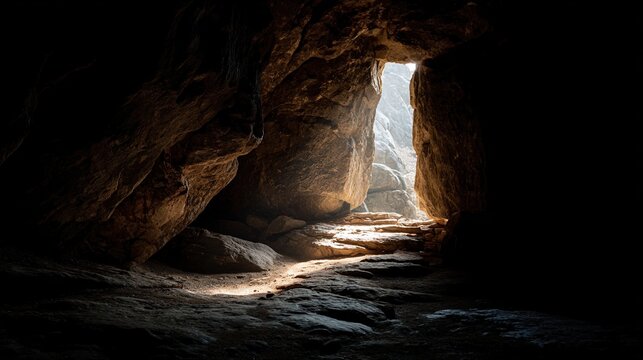 cavern. A natural cave entrance on a mountainside with sunlight piercing the dark interior. travel magazines, destination branding, designed for travel destination branding, used by bi analysts.