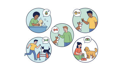 Naklejka premium Set of professional pet care illustrations showing bathing, walking, training, and feeding a dog inside circular frames.