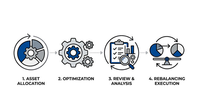 Business process diagram showing asset allocation, optimization, review and analysis, and rebalancing execution steps.