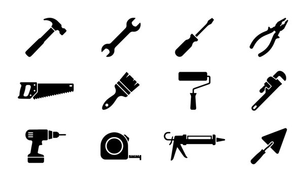 Set of 12 Black Silhouette Tools, Construction and DIY Icons: Hammer, Wrench, Screwdriver, Pliers, Saw, Paint Brush, Roller, Pipe Wrench, Drill, Tape Measure, Caulk Gun