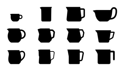 Obraz premium Set of 12 Pitcher Icons, Various Sizes and Styles, Black Silhouette Vector Graphics for Kitchenware and Beverage Service Designs
