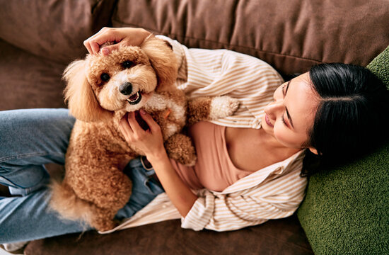 Woman cuddling a small dog on sofa.