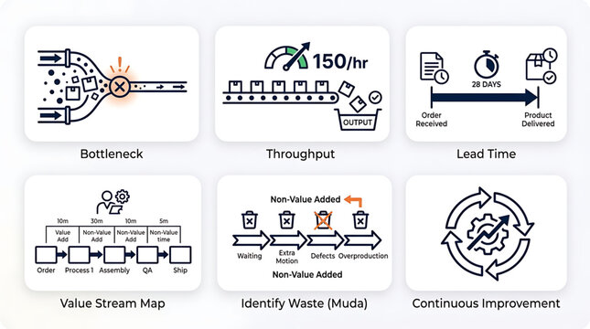 A manufacturing production line with various icons illustrating bottleneck, throughput, lead time, value stream map, waste identification, and continuous improvement.