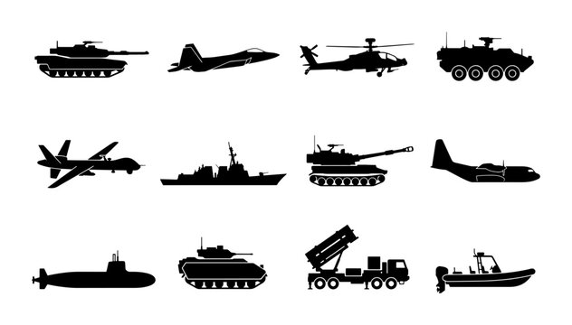 Military Vehicle Silhouettes Collection: Tanks, Jets, Helicopters, Ships, Submarines, Drones, and Boats for Defense and Warfare Concepts