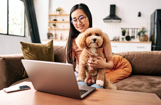 Woman with dog using laptop at home.