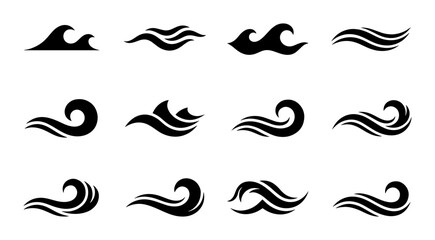 Set of 12 Black Wave Icons, Ocean Swirl Graphics, Water Flow Symbols, Nautical Design Elements for Marine Themes © Jashimuddin