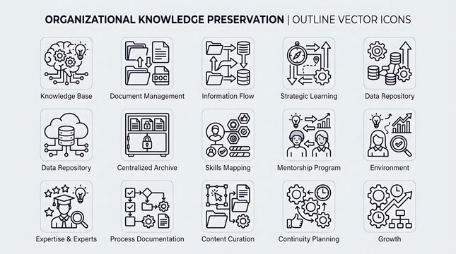 Business professionals engage in knowledge sharing and strategy planning with icons