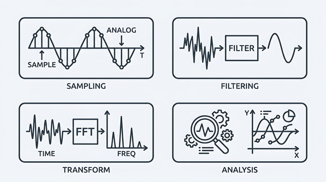 Signal processing steps illustrated through sampling, filtering, transforming, and analysis of waveforms
