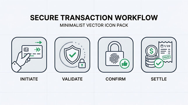 Secure transaction workflow icon set including initiate validate confirm and settle steps with lock shield money and hand interactions