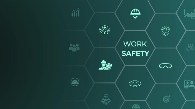 Safety first concept. Working standard process. Safety at workplace, safety first, hazards, protections, health, regulations. Zero accidents. Animation of 4k video. 

