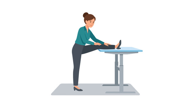Businesswoman performing hamstring leg stretches at standing desk for office wellness flat design vector illustration