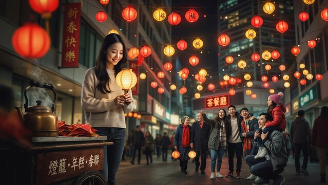 Vibrant Urban Street Festivity with Diverse Crowd and Glowing Chinese Lanterns at Night, Modern Asian City Celebration