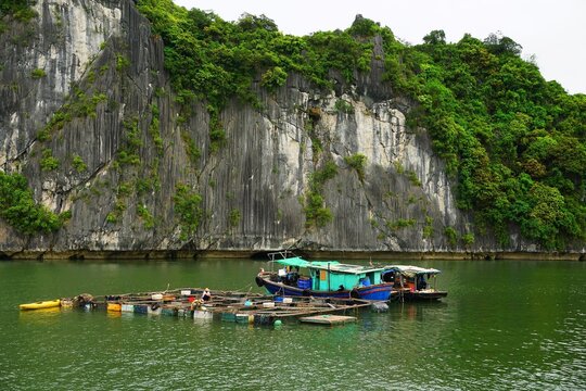 Cat Ba, Vietnam: A boat anchoring among rock formations in Lan Ha bay, Hai Phong province, Vietnam 