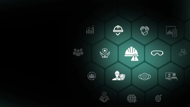 Safety first concept. Working standard process. Safety at workplace, safety first, hazards, protections, health, regulations. Zero accidents. Animation of 4k video. 

