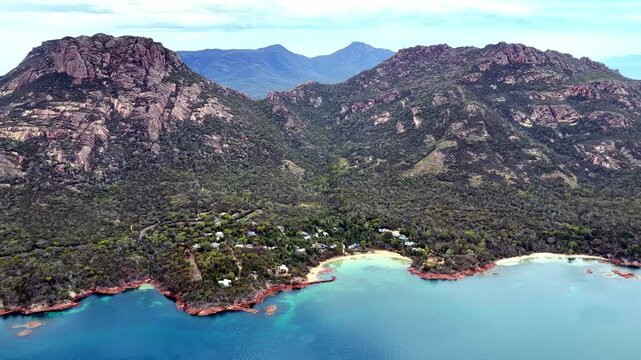The Hazards mountains on Freycinet peninsula Coles bay in Tasmania &ndash; aerial seascape.