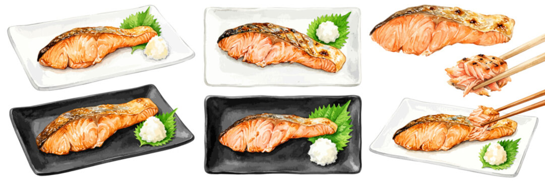 焼き鮭のイラストセット,水彩風の焼き魚、塩鮭、和食定食のメニュー素材、箸でほぐす鮭の身、大根おろし、手描きパーツ、シズル感のある広告素材,ベクター,日本の朝食・居酒屋グルメデザイン素材