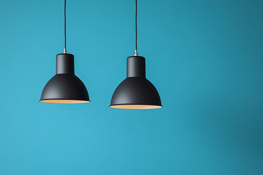Three black and gold hanging lamps illuminating a modern living room 
