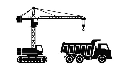Construction Crane And Dump Truck Silhouette Against White Background machinery © Rabbi