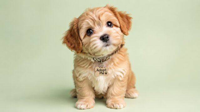 Small fluffy apricot and white Cavapoo puppy with round dark eyes sitting on a light green studio background wearing a collar with a bone-shaped Adopt Me tag with a paw print icon