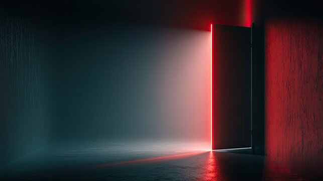 Slightly open red wooden door in dark empty space, red light glowing from door gap, minimalist mysterious suspense scene, abstract psychological thriller backdrop, metaphor for unknown choices and dan