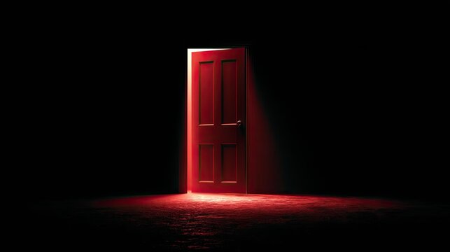 Slightly open red wooden door in dark empty space, red light glowing from door gap, minimalist mysterious suspense scene, abstract psychological thriller backdrop, metaphor for unknown choices and dan