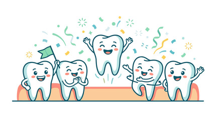 Fototapeta premium Cheerful cartoon teeth characters celebrating dental hygiene success with confetti and flags flat design vector illustration.