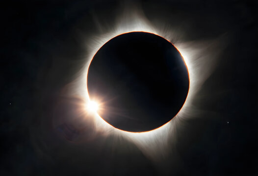 Photorealistic solar eclipse with corona and stars