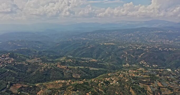 Tanneron France Aerial v21 panoramic high angle orbit shot capturing picturesque mountainous scenery of peymeinade, le tignet, mandelieu-la napoule during daytime with beautiful cloudscape - July 2021