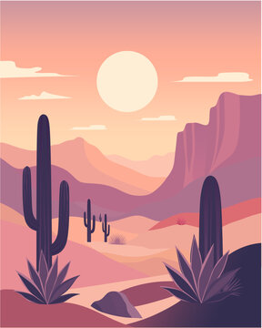 Ilustrasi Vektor Datar Lanskap Gurun Merah Muda Minimalis dengan Kaktus Saguaro